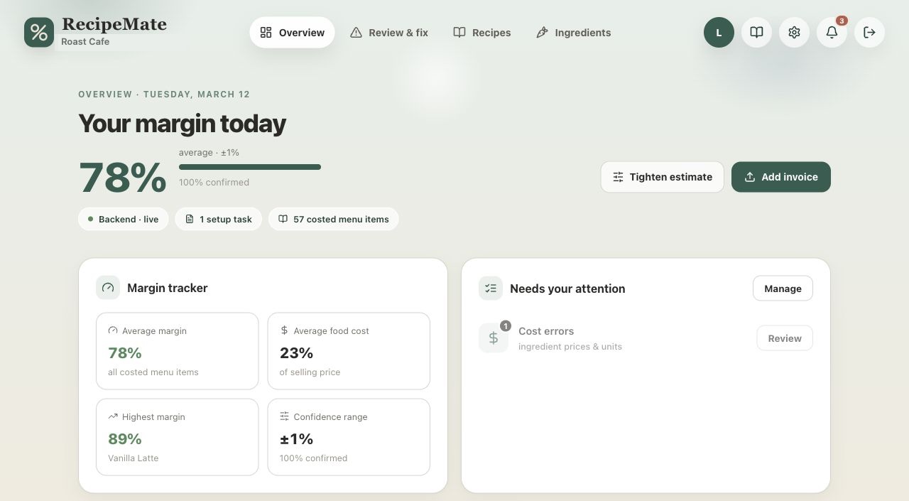 RecipeMate dashboard showing menu margins, recipe costs, and invoice price updates